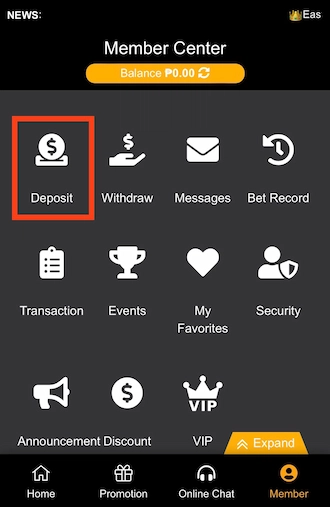 Step 1: PHWIN777 login to an account and select Deposit.