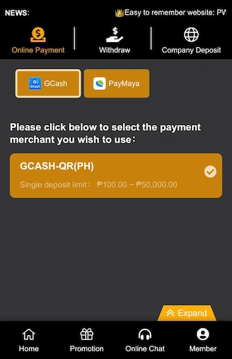 Step 2: Select the online transaction method as GCash. 