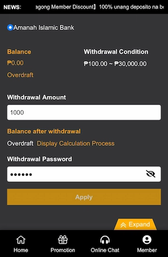 Step 2: Enter the amount you want to withdraw, and the withdrawal password. 